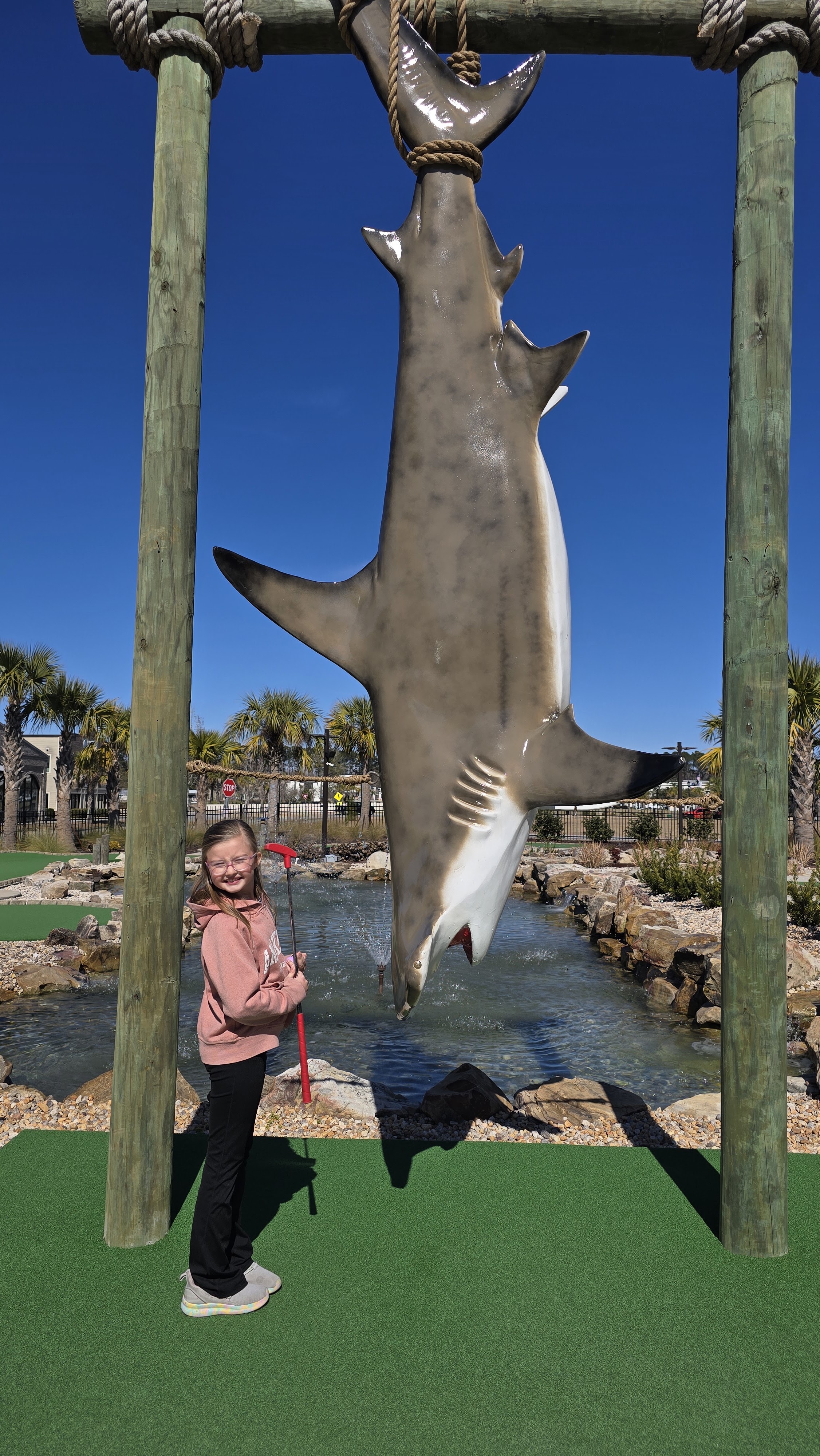 A player standing on green putting surface beneath a hanging shark prop installation with rope rigging over a water feature on a mini golf hole.